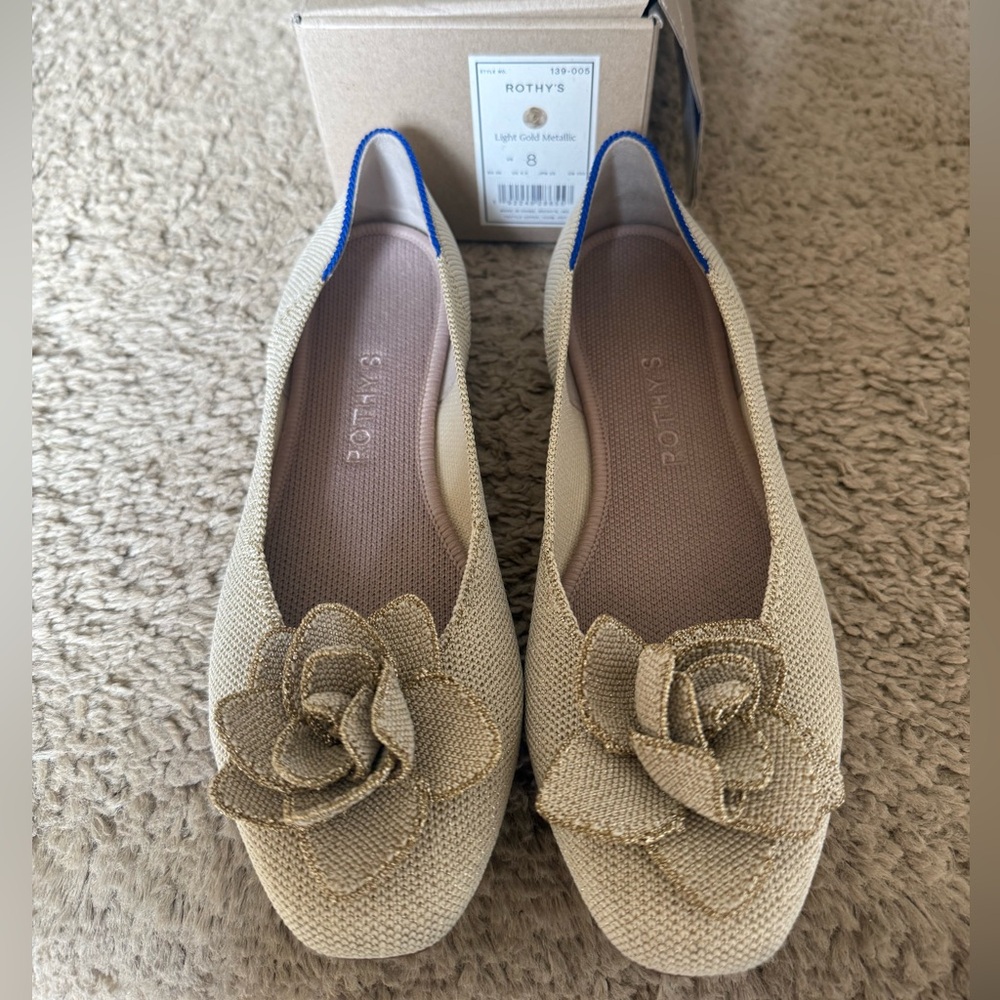 Rothy's Gold Flats with Elegant Floral Design